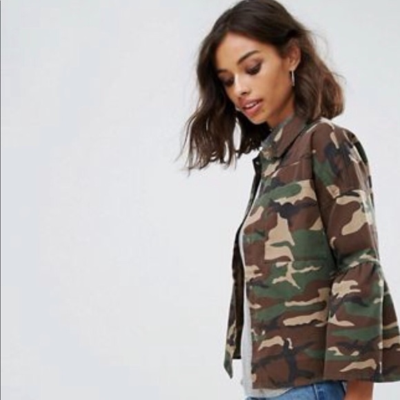 ASOS Noisy May Petite Camo Jacket w fluted sleeves - Picture 1 of 8